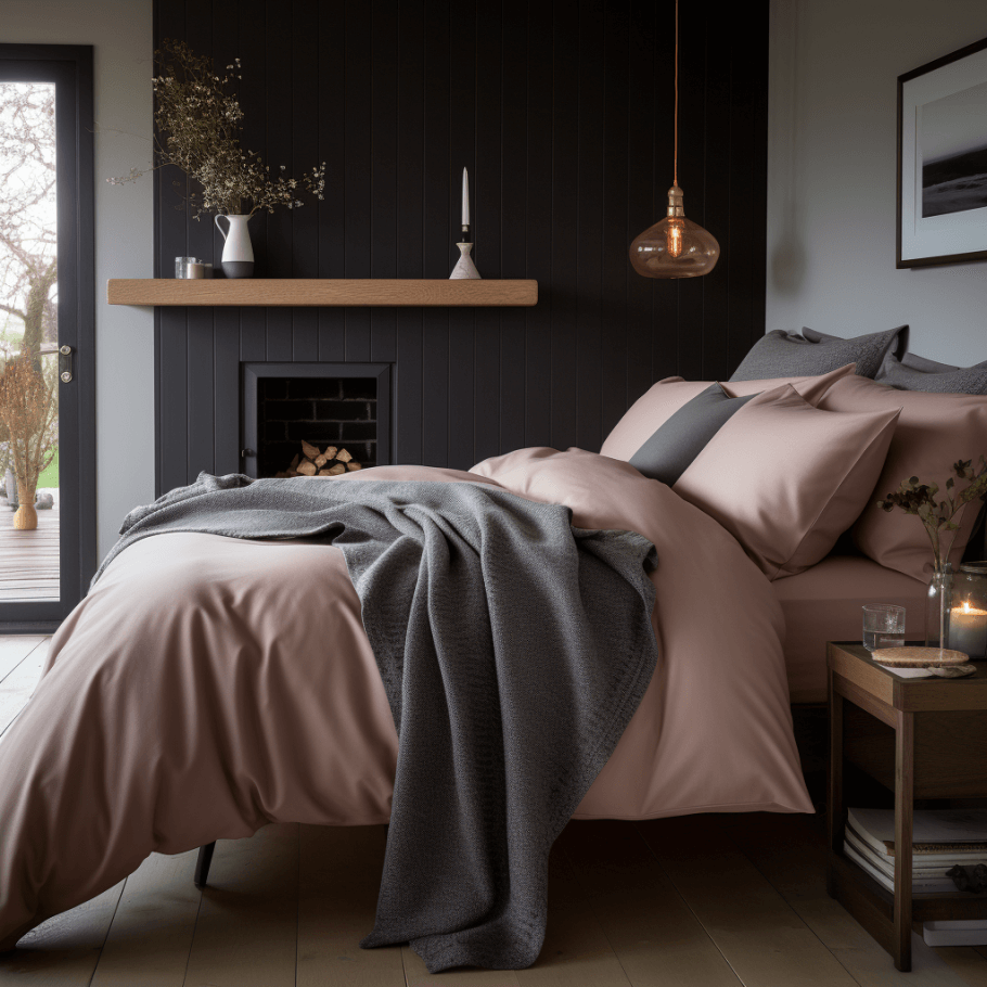 A bedroom with a Blush Pink Luxury Egyptian Cotton Bedding Set from Ebb & Weave and a fireplace.