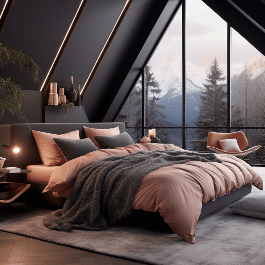 A bedroom with a Blush Pink Luxury Egyptian Cotton Bedding Set by Ebb & Weave and a view of the mountains.