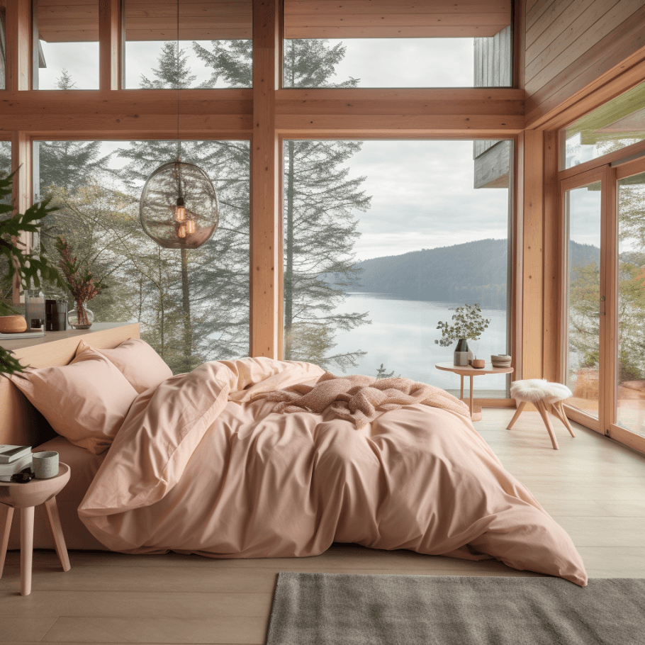 A bedroom with large windows overlooking a lake, furnished with the Blush Pink Luxury Egyptian Cotton Bedding Set by Ebb & Weave.
