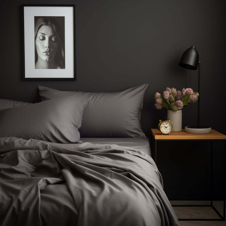 An Ebb & Weave graphite grey luxury cotton bedding set with black sheets and a picture on the wall.