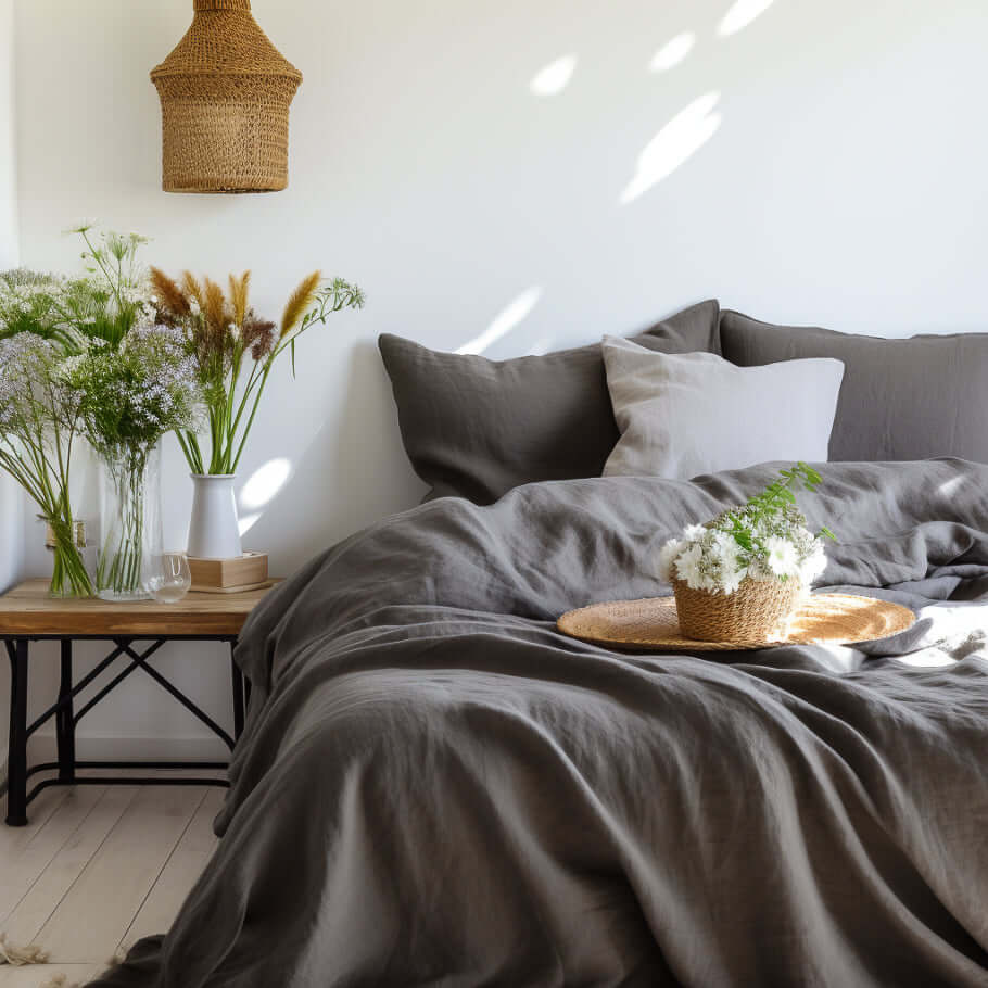 A Graphite Grey Luxury Cotton Bedding Set by Ebb & Weave, with a basket of flowers.
