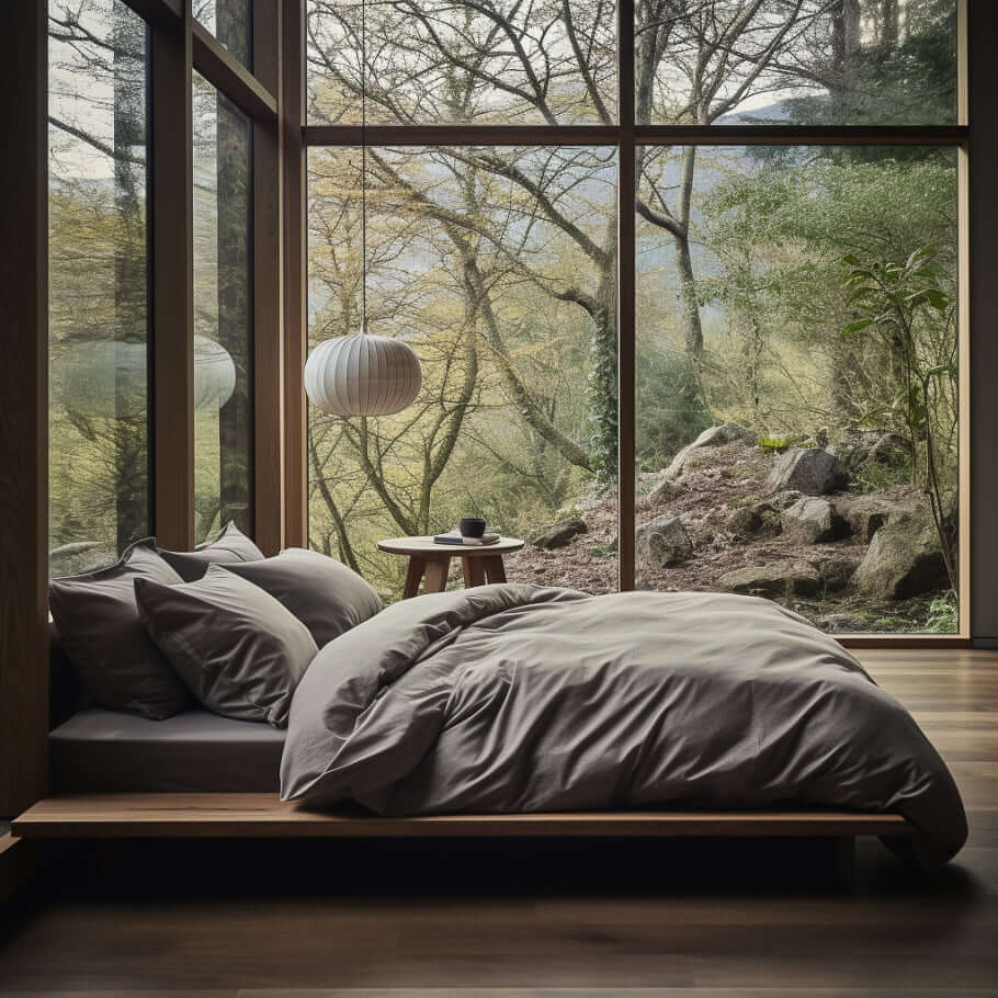 A premium Cotton Bedding Set in Graphite Grey by Ebb & Weave, featuring cotton bed sheets, in a bedroom with a view of a forest.