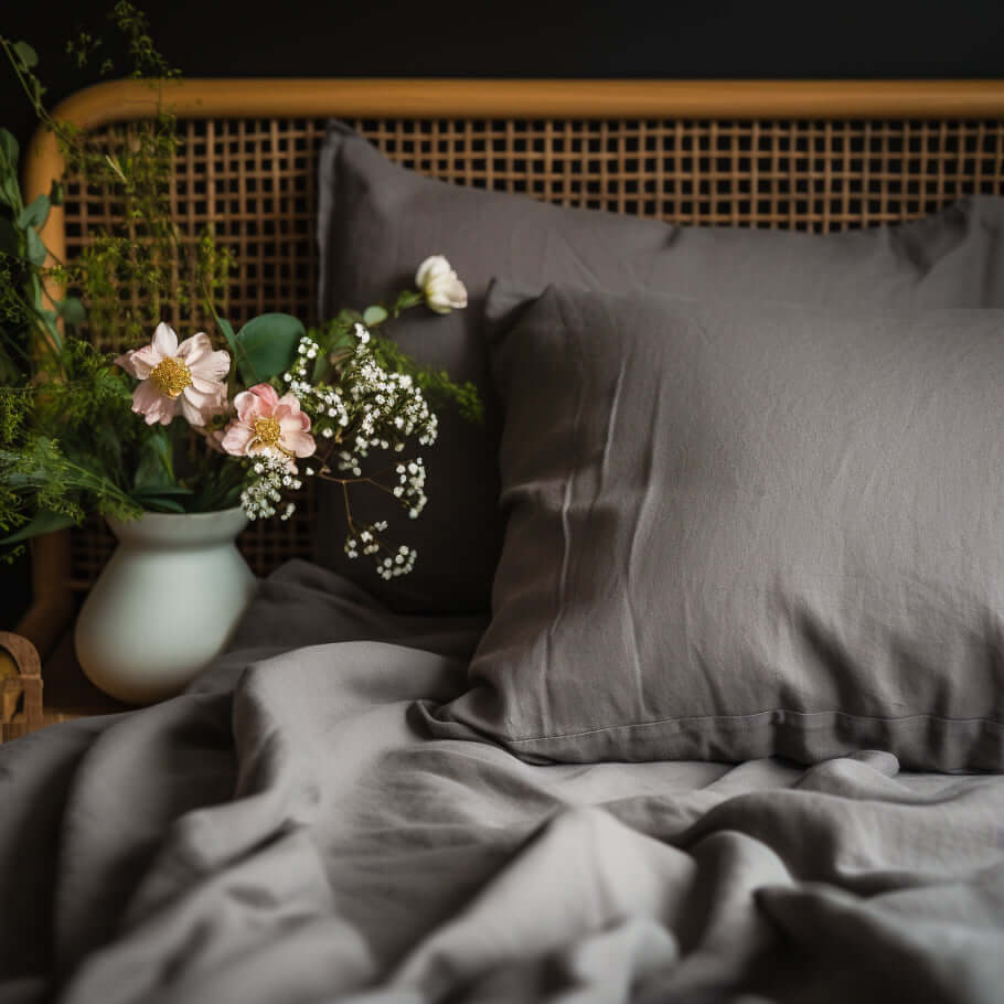 A premium cotton bedding set with pillows and flowers, in Ebb & Weave Graphite Grey.