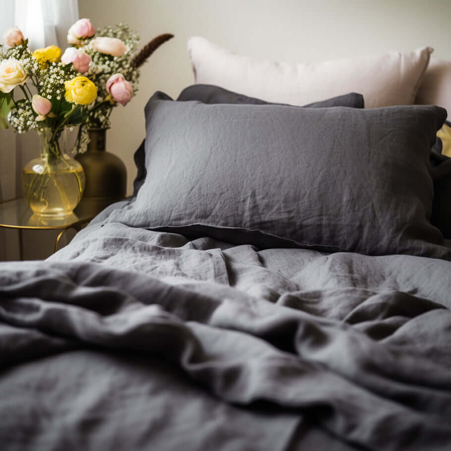 An Ebb & Weave Graphite Grey premium cotton bedding set with pillows and flowers on it.