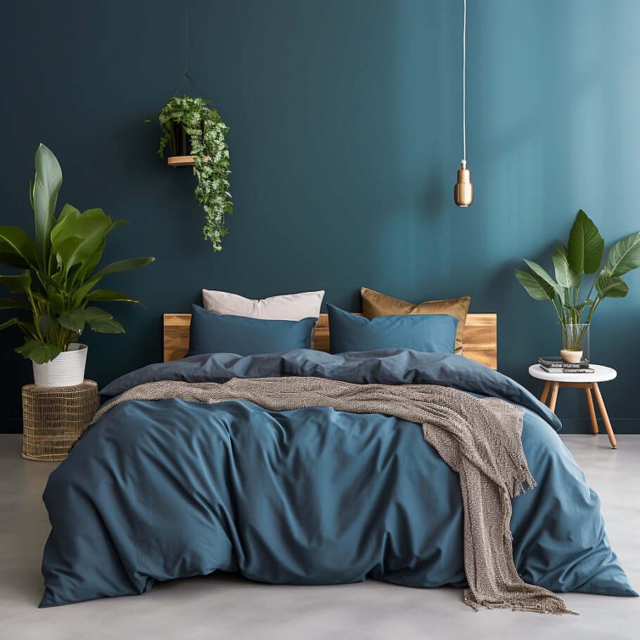 Bedroom with premium cotton bedding set on the bed. The set is in a navy blue sateen. By Ebb & Weave