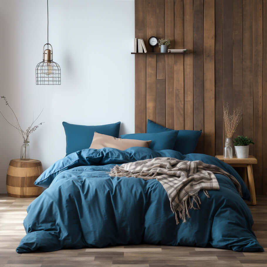 A Navy Blue Cotton Bedding Set with a wooden headboard by Ebb & Weave.