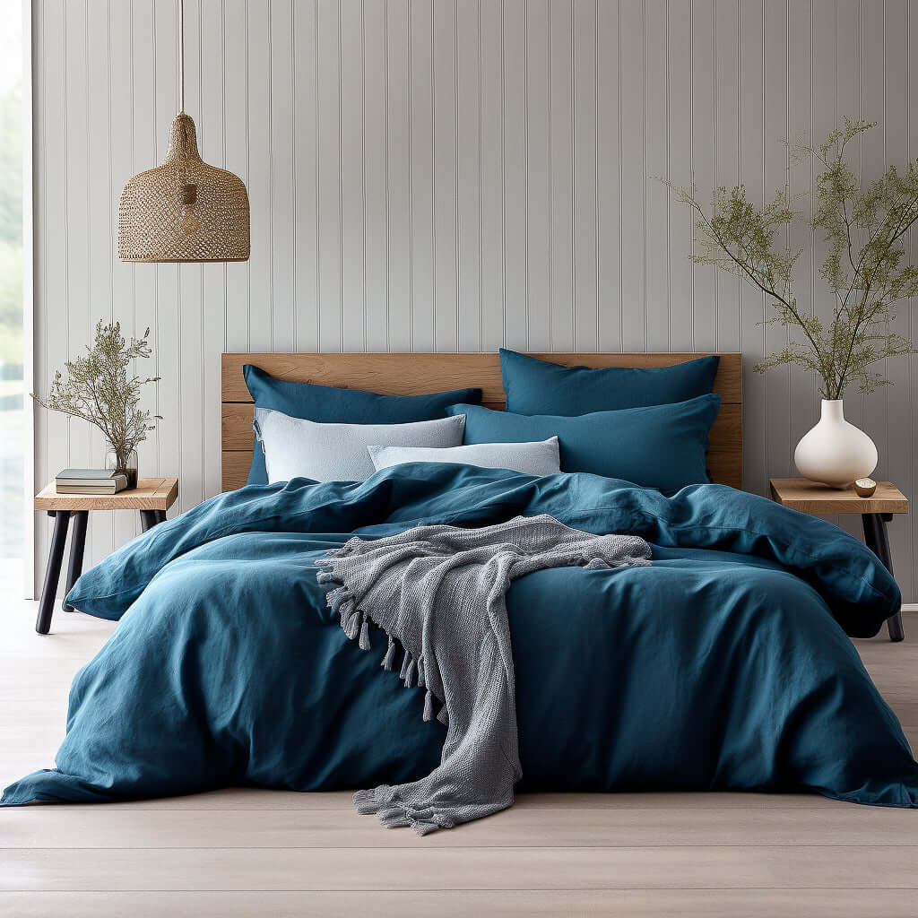 A bedroom with a Navy Blue Luxury Cotton Sateen Bedding Set by Ebb & Weave duvet cover and pillows.