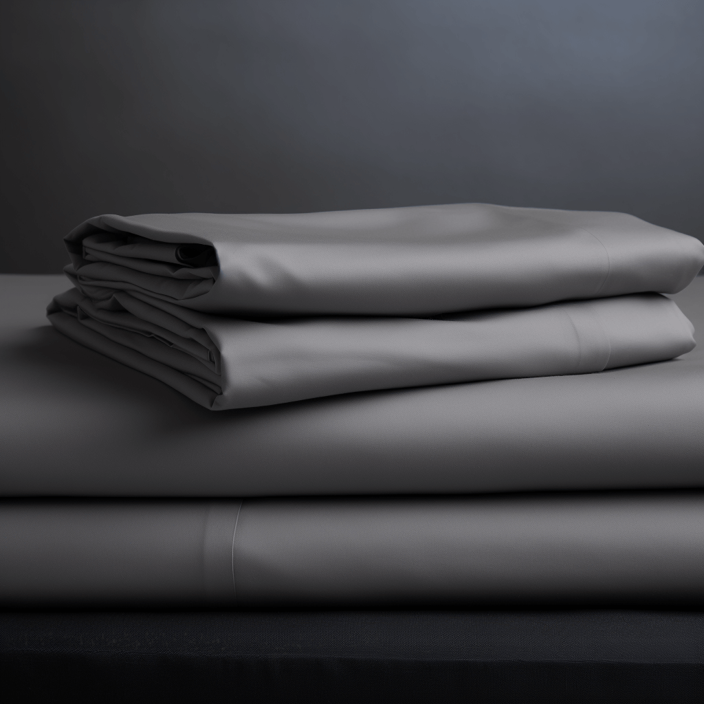 A stack of Ebb & Weave Graphite Grey Luxury Cotton Bedding Set on a black background.