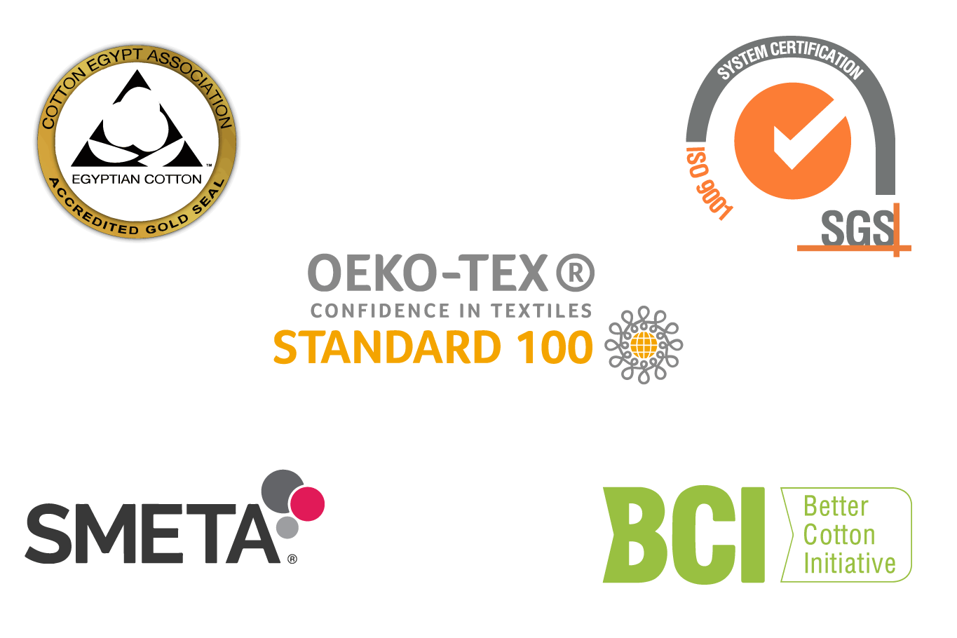 Ebb and Weave Logo Images for Cotton Egypt Association Gold Seal, SGS ISO 9001, SMETA and Better Cotton Initiative