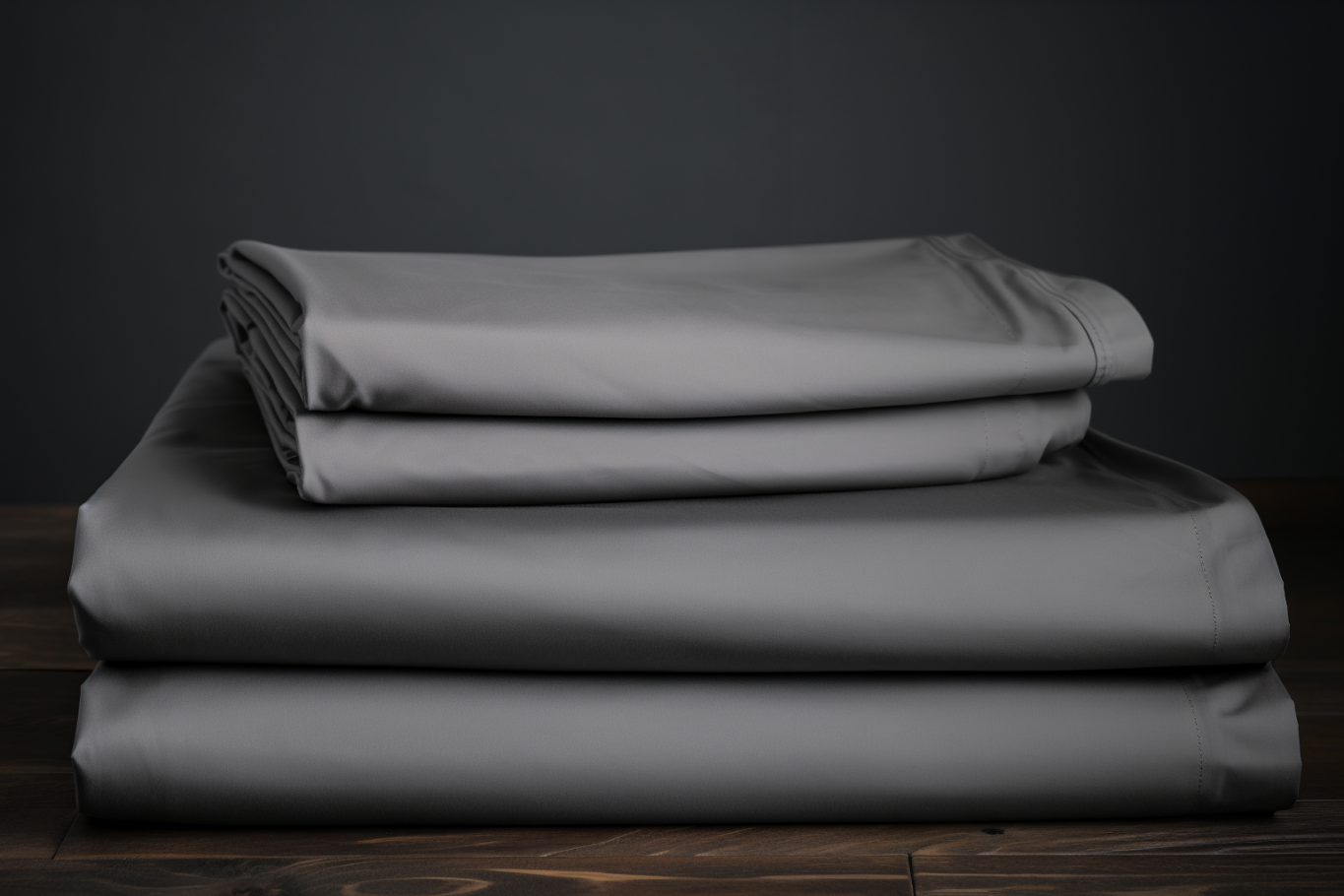 1 duvet cover, 1 fitted sheet and 2 pillowcases, all in dark grey, stacked on top of each other