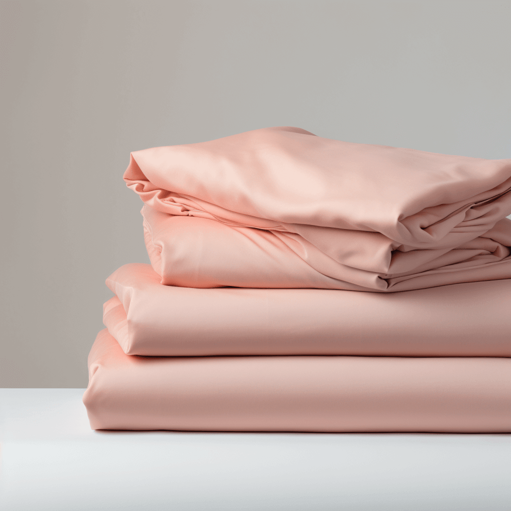 A stack of Blush Pink Luxury Egyptian Cotton Bedding Set by Ebb & Weave on a table.