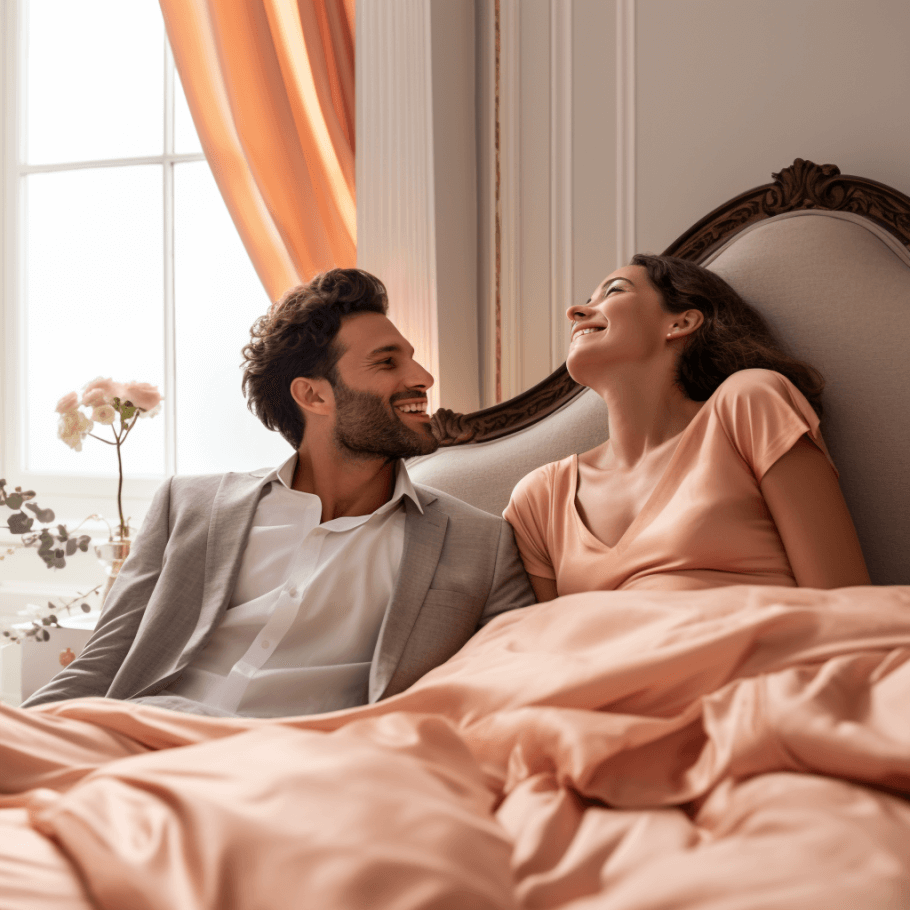 A man and a woman sitting on a Blush Pink Luxury Egyptian Cotton Bedding Set by Ebb & Weave.