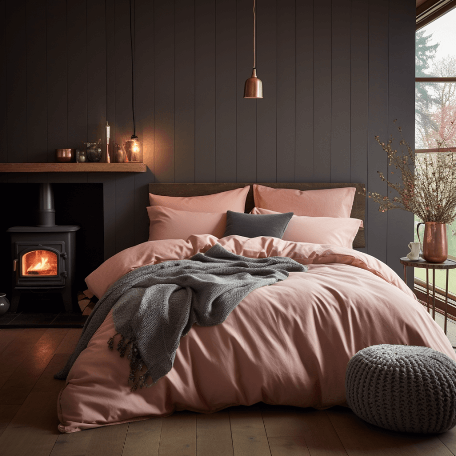 A bedroom with a fireplace and a Blush Pink Luxury Egyptian Cotton Bedding Set from Ebb & Weave.