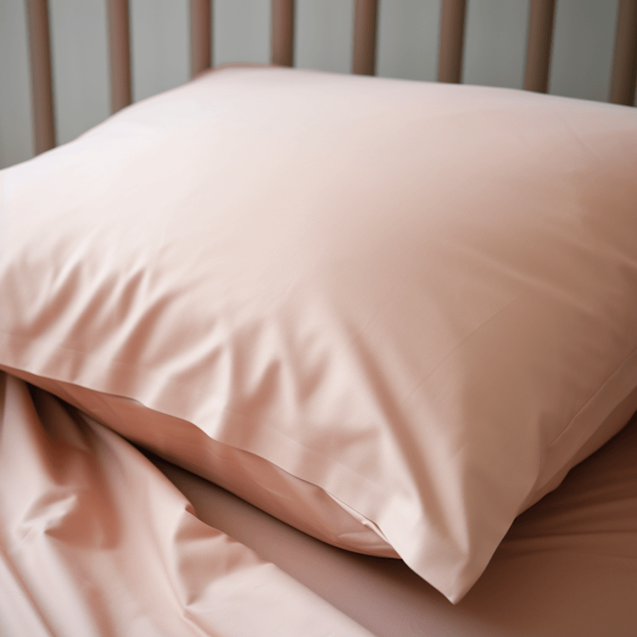 A bed with a Blush Pink Luxury Egyptian Cotton Housewife Pillowcase by Ebb & Weave on top of it.