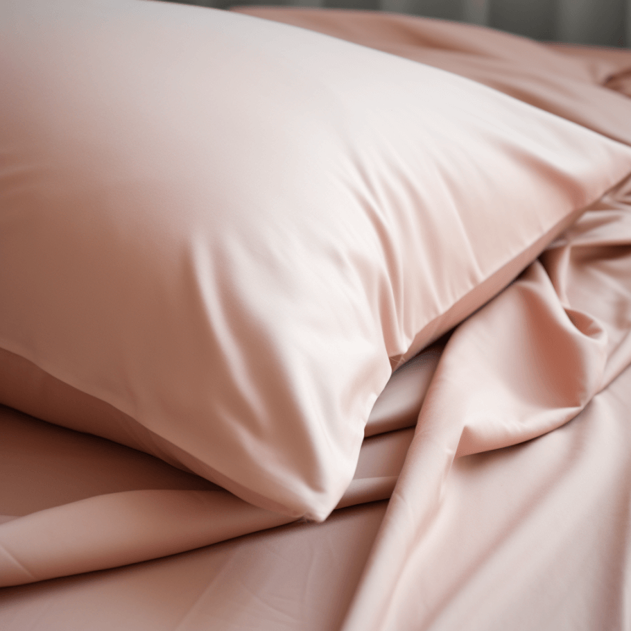 A bed with a Blush Pink Luxury Egyptian Cotton Housewife Pillowcase by Ebb & Weave on top of it.