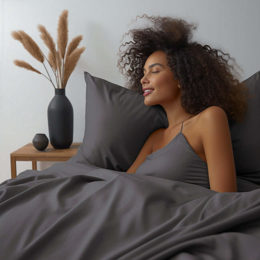 A woman is laying in bed with an Ebb & Weave Graphite Grey Luxury Cotton Bedding Set.
