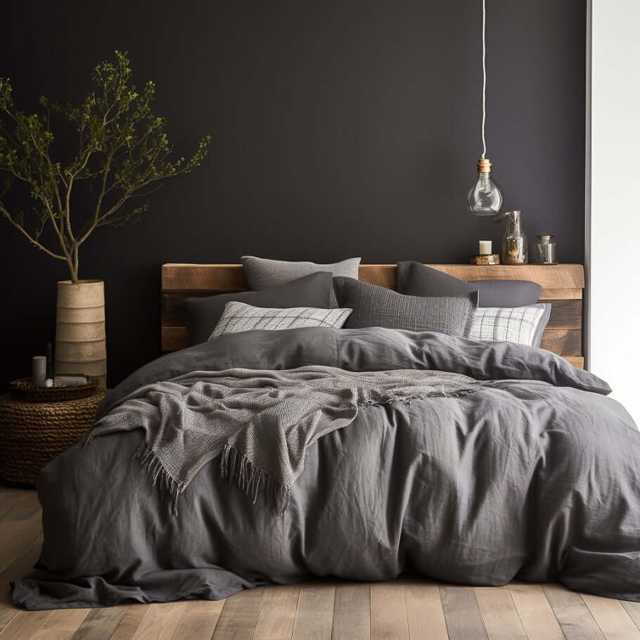 A grey bedroom with wooden floors and an Ebb & Weave Graphite Grey Luxury Cotton Bedding Set.