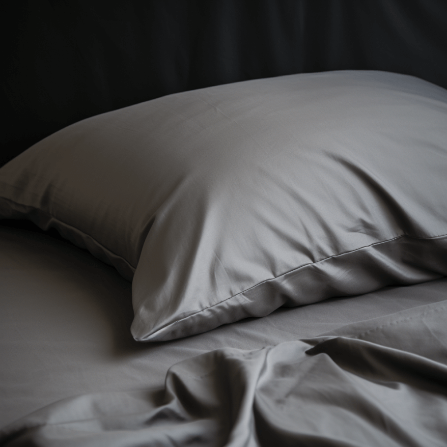 An Ebb & Weave Graphite Grey Cotton Housewife Pillowcase on a bed with premium cotton bedding.