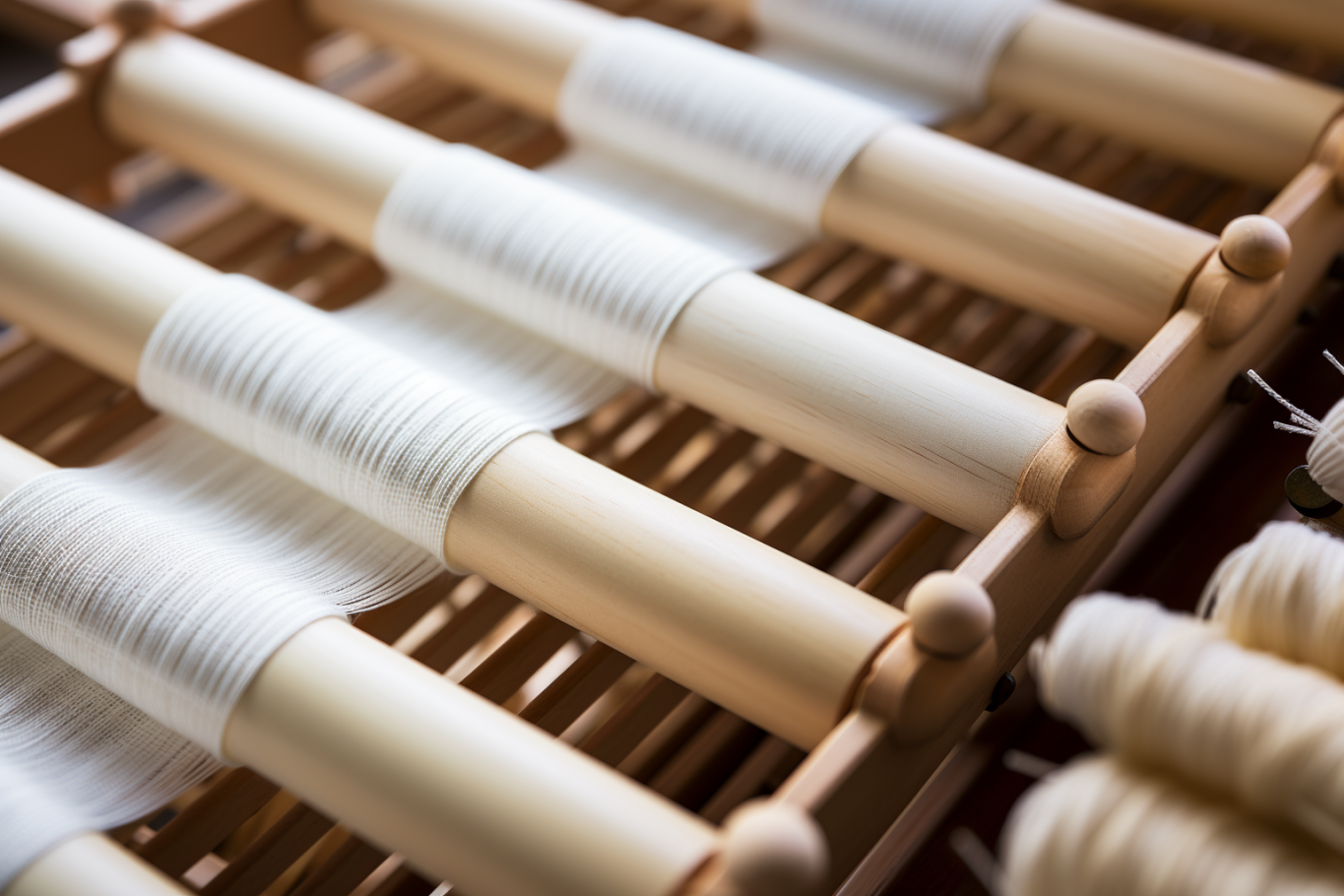 A loom with a lot of white yarn on it.